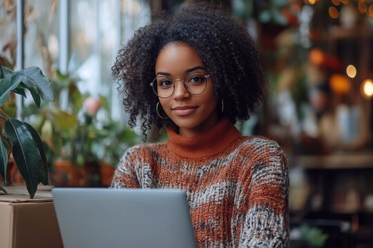 Woman with a graphics tablet draws on the tablet in a modern space.

