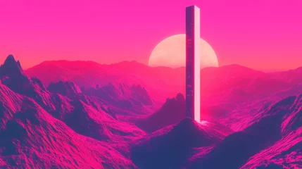 A tall illuminated monolith stands in a vibrant landscape setting