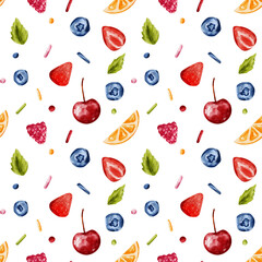 Bright berry seamless pattern with watercolor strawberries, raspberries, and blueberries in a fresh, playful design.