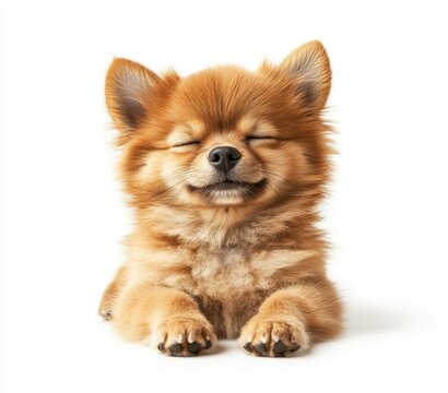 A happy brown dog smiles with closed eyes and its tongue out - Powered by Adobe