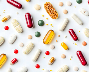 Assorted Dietary Supplements And Capsules On White Surface With Various Colors And Textures On White Background. Dietary supplements and their capsules in assorted colors such as