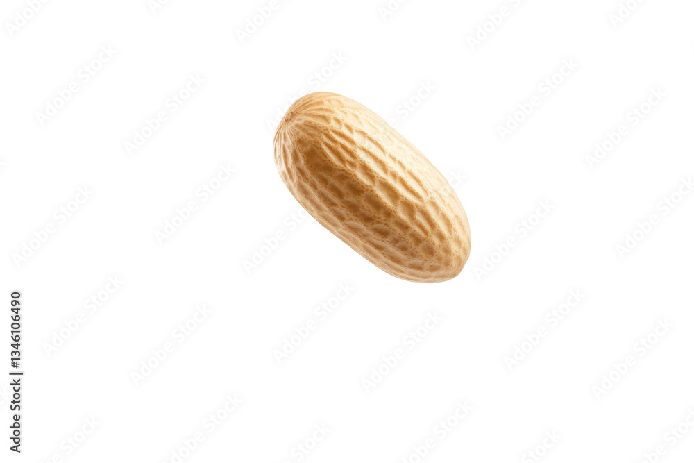 Poster nut is shown in the air, with its shell and kernel visible, isolated