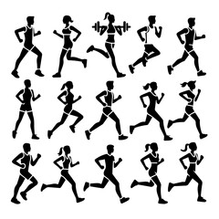 A set of vector icon symbols featuring sports people, including joggers and athletes in motion. The icons are designed in a minimalistic and modern