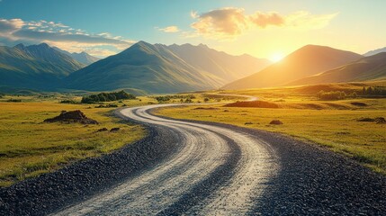 Fototapeta premium Scenic mountain road winding through a golden meadow at sunset
