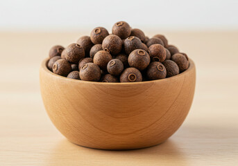 A wooden bowl filled with allspice berries on a light wooden surface in a bright studio setting