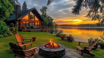 Sunset view of a lakeside cabin with a cozy fire pit and tranquil water reflections surrounded by lush greenery
