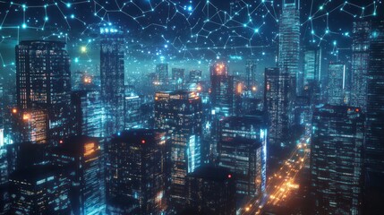 Futuristic cityscape at night. Abstract network overlay. City lights. Aerial view. Suitable for tech/innovation, background, conceptual images