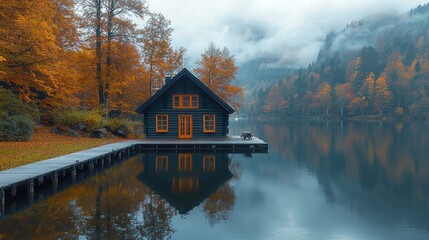 A cabin sits on a lake in the colorful autumn season