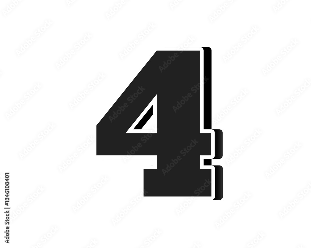 Poster stylized black number 4 on transparent background, with a bold, 3d appearance and shadow effects for