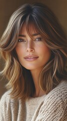Fototapeta premium Natural beauty shines through with warm tones and soft lighting highlighting a woman’s joyful expression in a cozy setting