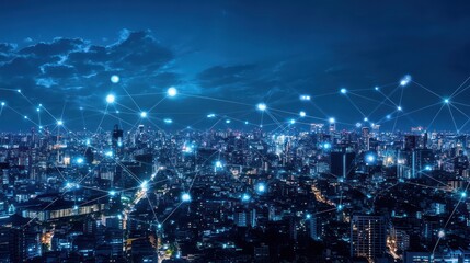 Night city network, futuristic, global connectivity, aerial view
