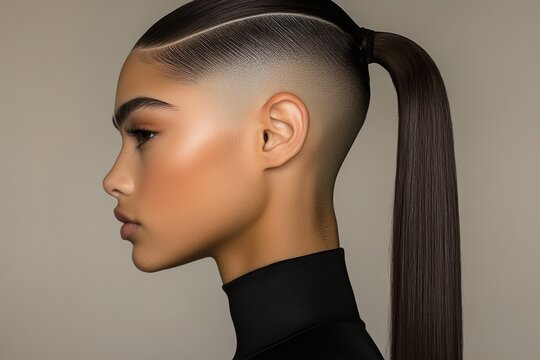 Elegant hairstyle showcasing a sleek ponytail with distinct undercut, highlighting facial features in a neutral background