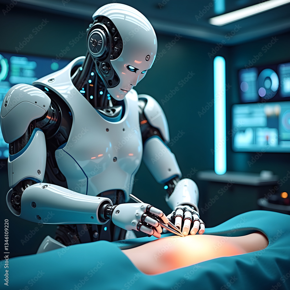 Poster a futuristic robot performs surgery in a high-tech operating room, showcasing advanced technology an