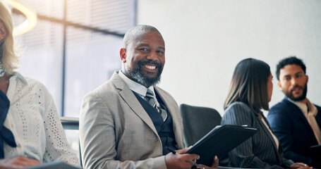 Business, man and smile in seminar, audience and colleagues in workshop for training or meeting....