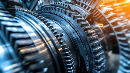 Fototapeta premium Close-up of intricate metallic gears and cogs in a powerful machine.