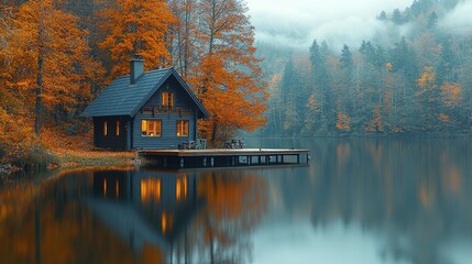 Obraz premium A Cozy Lake Cabin Surrounded by Autumn Colored Forest Trees