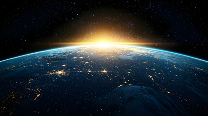 Fototapeta premium Earth Sunrise From Space With City Lights
