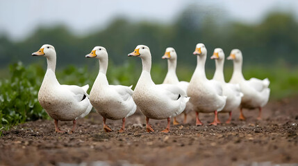 Flock Of White Ducks In A Field