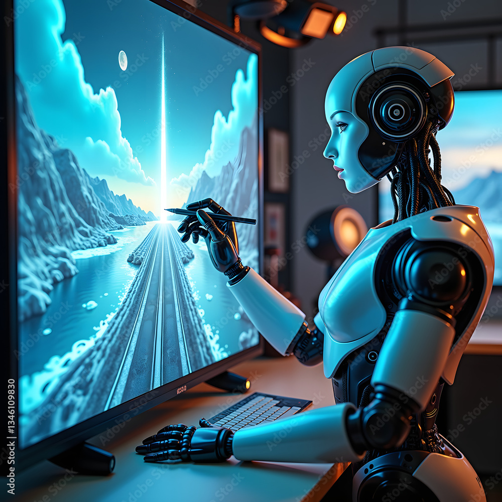 Poster a humanoid robot with sleek metallic features is focused on creating digital art on a large screen, 