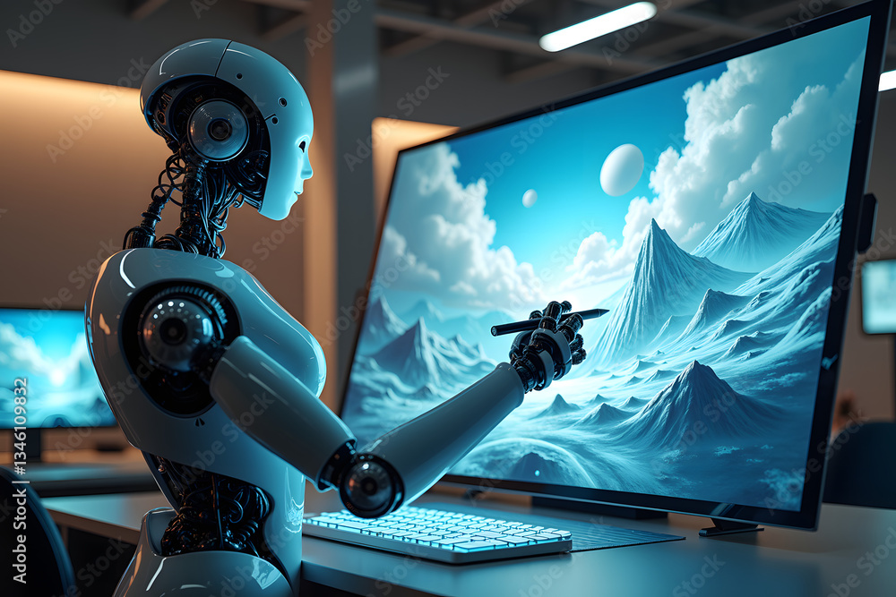 Poster a robotic figure with a sleek design interacts with a digital landscape on a large screen, showcasin
