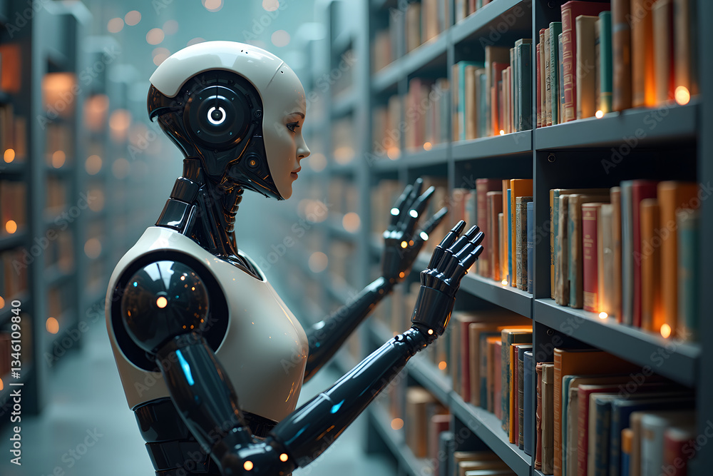 Poster a humanoid robot carefully examines rows of books in a modern library, showcasing the interaction be