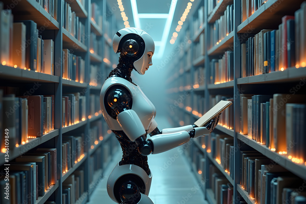 Poster a humanoid robot with a sleek design stands in a futuristic library, intently reading a book surroun