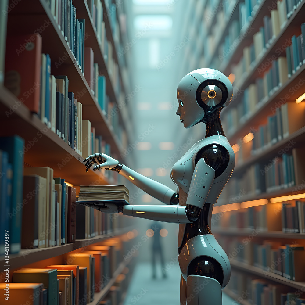 Poster a futuristic robot with a sleek design organizes books in a library, creating a harmonious blend of 