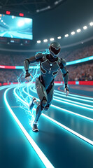 A futuristic robot sprinting on a glowing racetrack, surrounded by an excited crowd, exuding energy and speed with electric sparks trailing behind