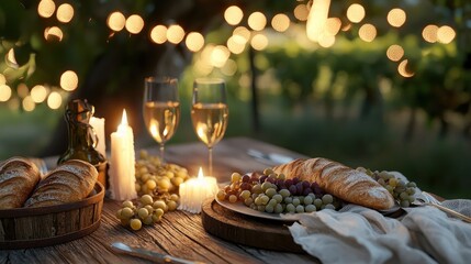 Obraz premium Romantic vineyard dinner: A picturesque evening with wine, bread, and grapes under fairy lights