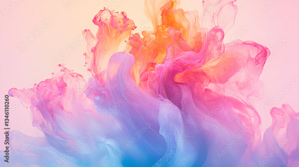 Poster an iridescent fluid abstract image with vibrant colors in a smooth, flowing style on a soft gradient