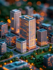 A detailed model of a modern cityscape features tall buildings, greenery, and illuminated windows, creating a vibrant urban atmosphere.