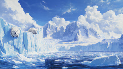 Arctic bear's magnificent presence on edge of an iceberg in Antarctica represents harsh environment, its majestic nature, and its ability to thrive and dominate in this challenging world