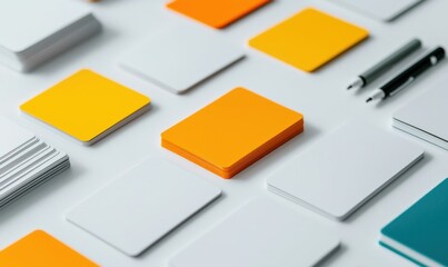 Brightly colored cards are scattered on a white surface, some stacked, accompanied by two pens.