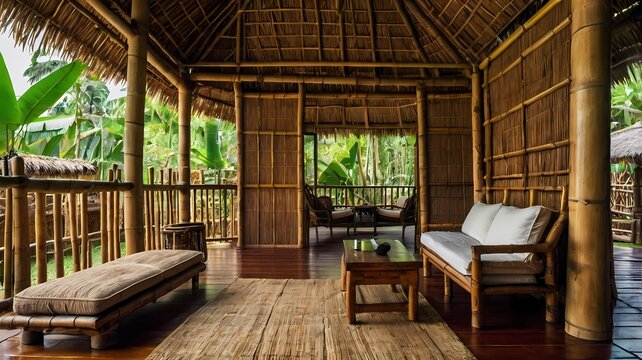 Filipino Bahay Kubo Interior &ndash; A rustic bamboo house interior with woven mats, wooden furniture, and open ventilation