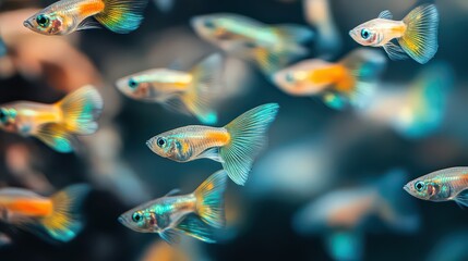 Fototapeta premium A mesmerizing close-up of a group of guppies displaying their iridescent tails.
