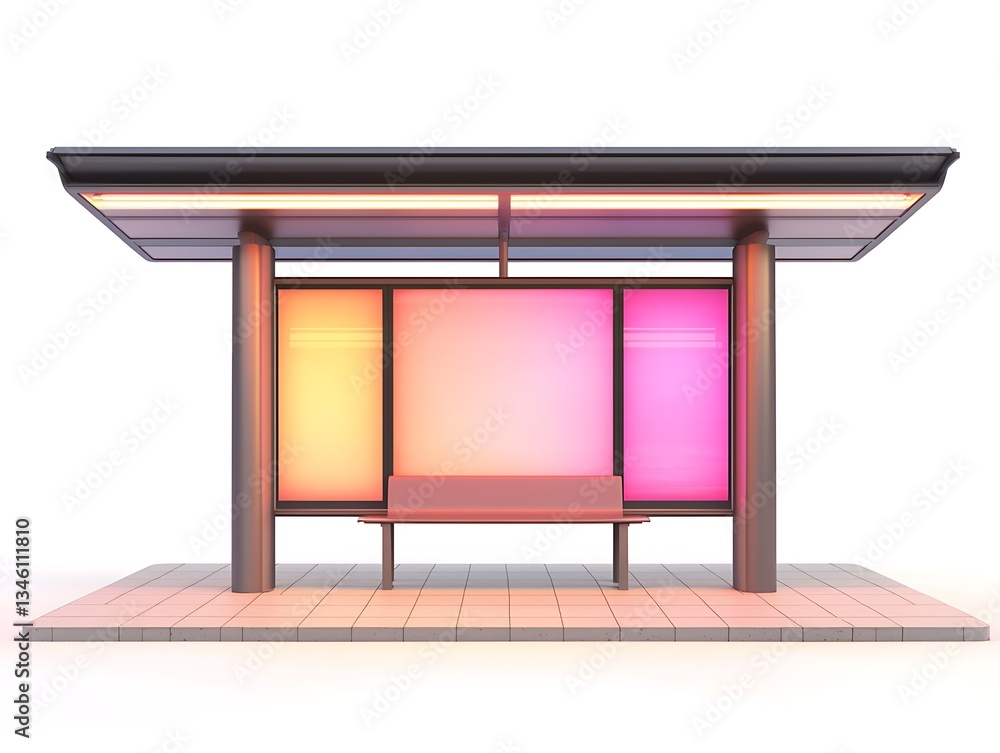 Aufkleber a modern bus stop design featuring colorful, illuminated panels and a sleek bench, creating an invit