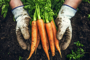 Farmer's hands holding freshly harvested carrots in garden soil