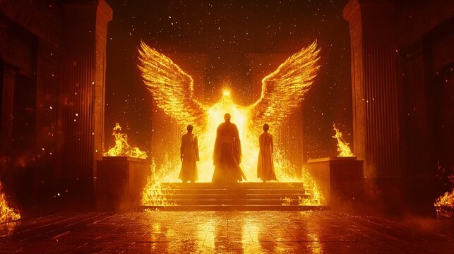 The fiery furnace glows with intense heat as Shadrach, Meshach, and Abednego stand unharmed inside, while a fourth figure, radiant like an angel, appears with them