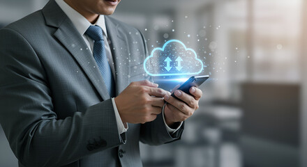 A professional engaged with a smartphone displaying a digital cloud icon, representing advanced cloud computing and seamless data sharing