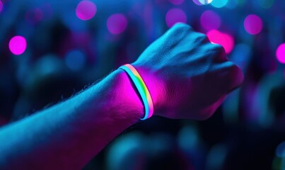 A vibrant wrist with a neon bracelet glows against a backdrop of colorful bokeh lights at a party.