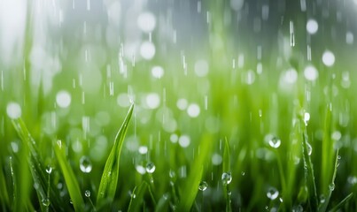Raindrops on vibrant green grass evoke a refreshing and natural scene in a serene close-up.