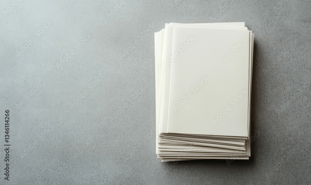Poster a neatly stacked pile of crisp, white paper sheets resting on a textured gray surface.