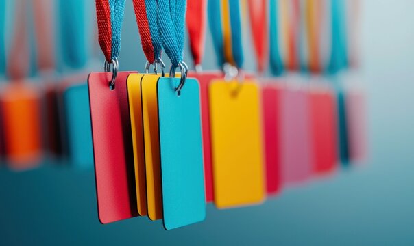 A colorful array of tags hangs from vibrant ribbons, creating a modern and eye-catching pattern. - Powered by Adobe