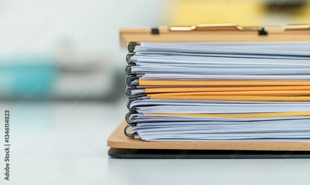 Poster an organized stack of documents and files on a clipboard implies efficiency and attention to detail.