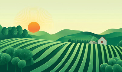 Obraz premium A serene landscape featuring rolling green hills, a small house, and a vibrant sunset, evoking tranquility and rural charm.