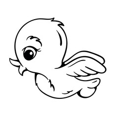 Cute flying bird. Vector black and white illustration of a character for children's coloring book