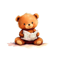 Cute Teddy Bear Illustration Reading a Newspaper on Transparent Background Adorable Brown Toy Mammal Cartoon Character Isolated Design for Children