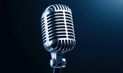 A shiny vintage microphone stands ready for a performance, set against a deep blue backdrop.