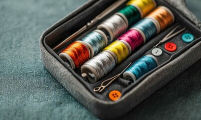 A neatly arranged sewing kit filled with colorful spools of thread and essential sewing notions.