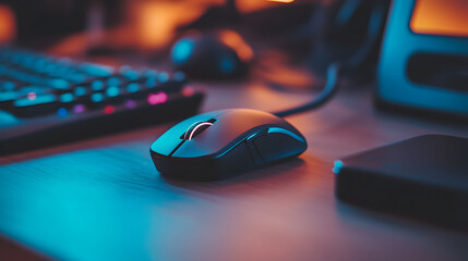 of a wireless mouse, external hard drive, and USB cables neatly arranged on a wooden desk with soft lighting 